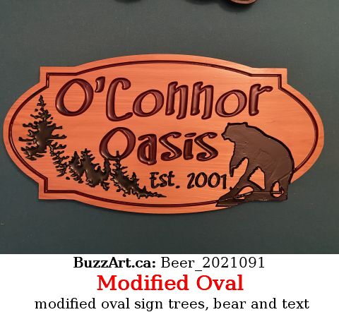 modified oval sign trees, bear and text